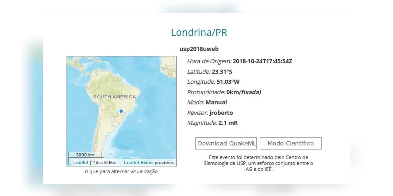 Região de Londrina tem tremor de 2,1 graus na escala Richter, segundo Centro de Sismologia da USP