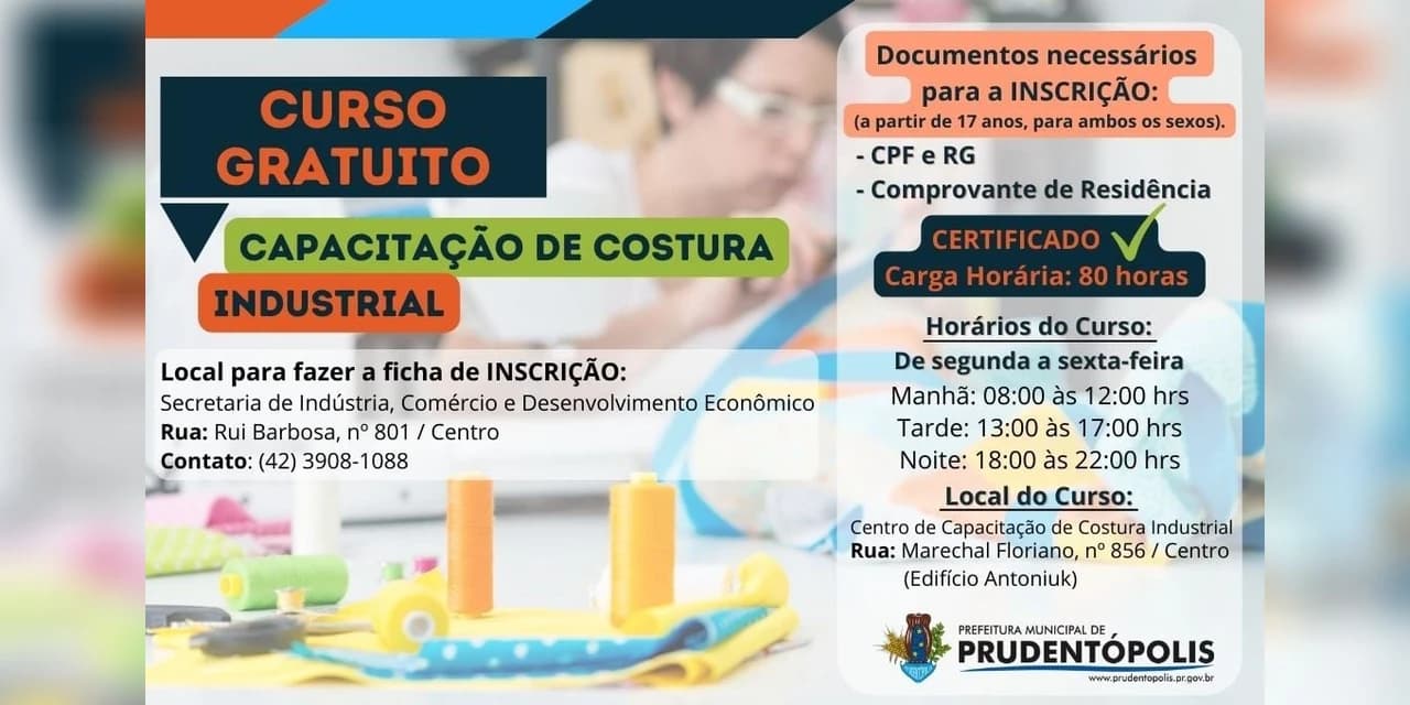 Curso gratuito de Capacitação de Costura Industrial está com inscrições abertas em Prudentópolis