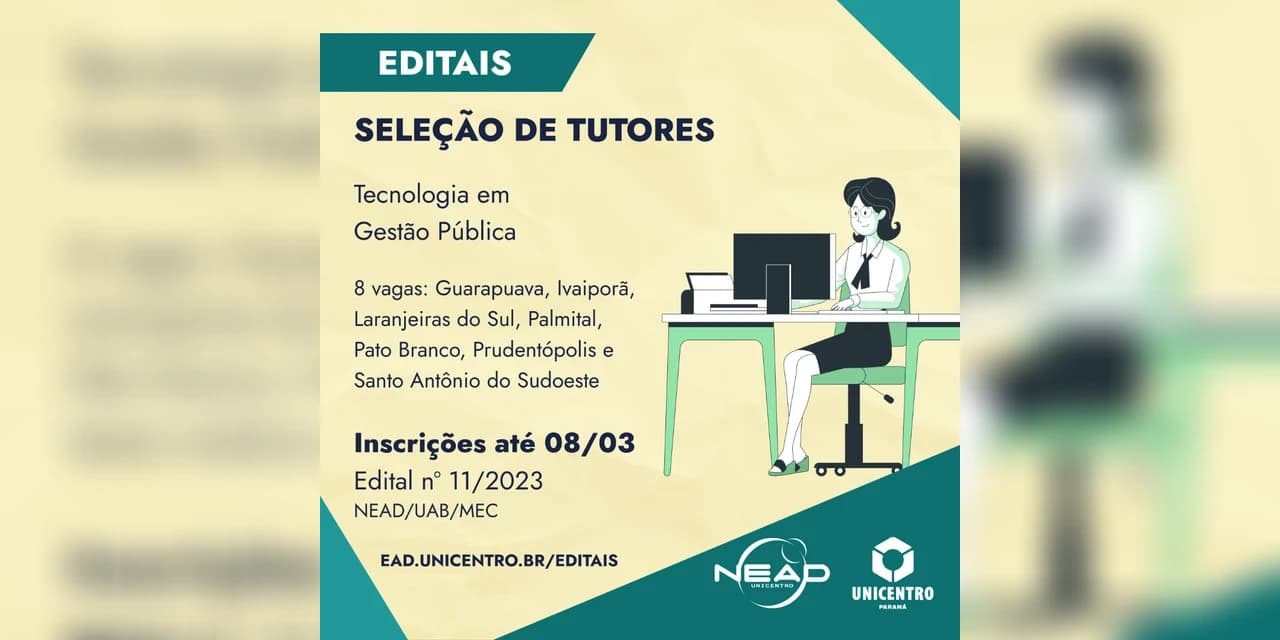Tecnologia em Gestão Pública da Unicentro seleciona tutor em Prudentópolis