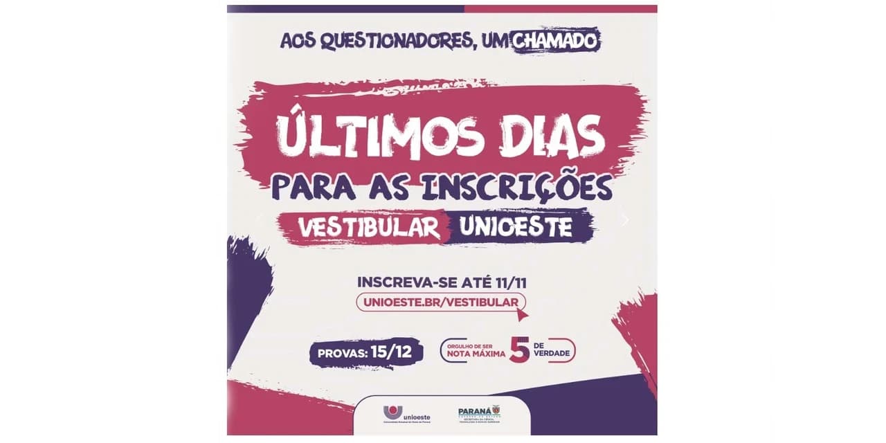 Inscrições para o Vestibular Unioeste 2025 encerram no próximo dia 11 de novembro