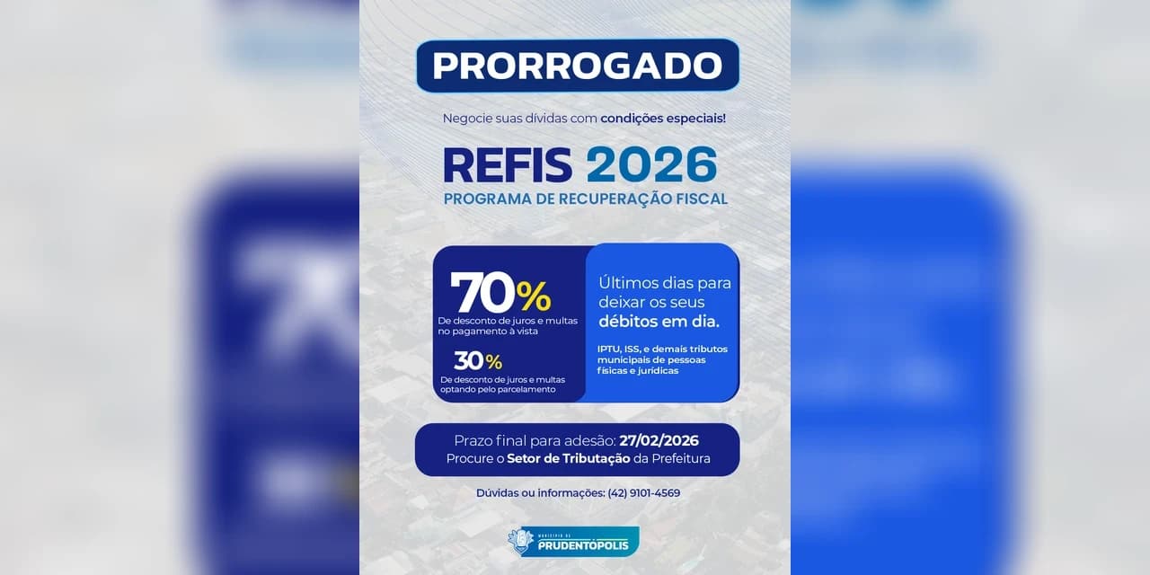 Prefeitura de Prudentópolis prorroga o prazo do refis 2026