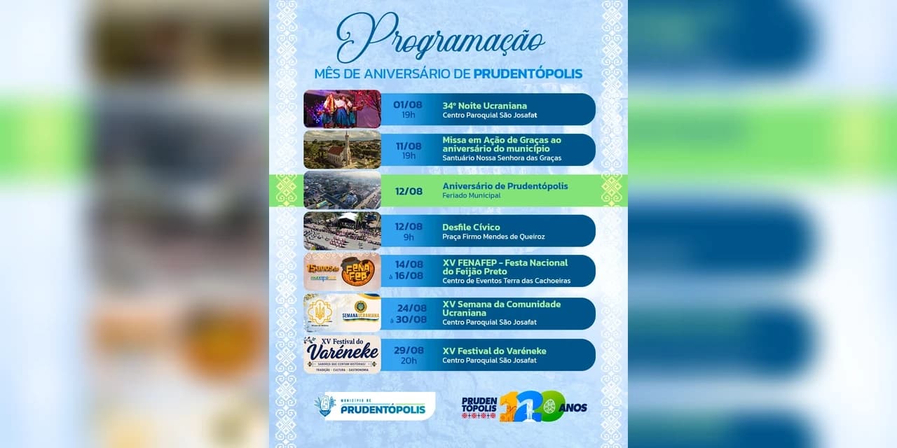 Agosto terá programação especial em comemoração aos 120 anos de Prudentópolis