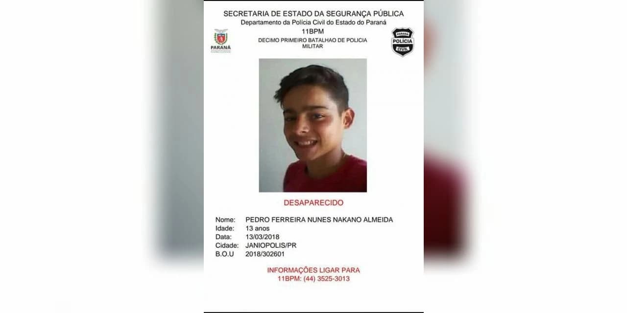 Garoto de 13 anos está desaparecido em Janiópolis