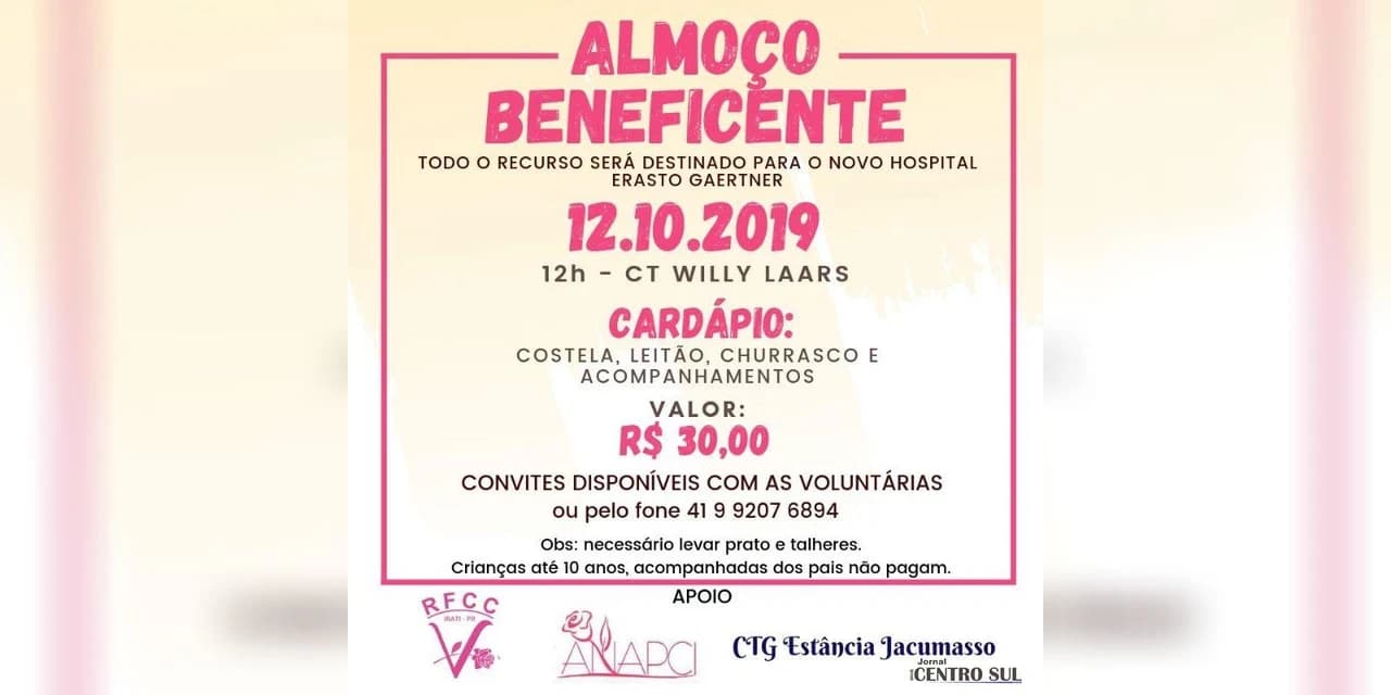 IRATI -Almoço beneficente em prol do Erasto Gaertner acontece no próximo dia 12
