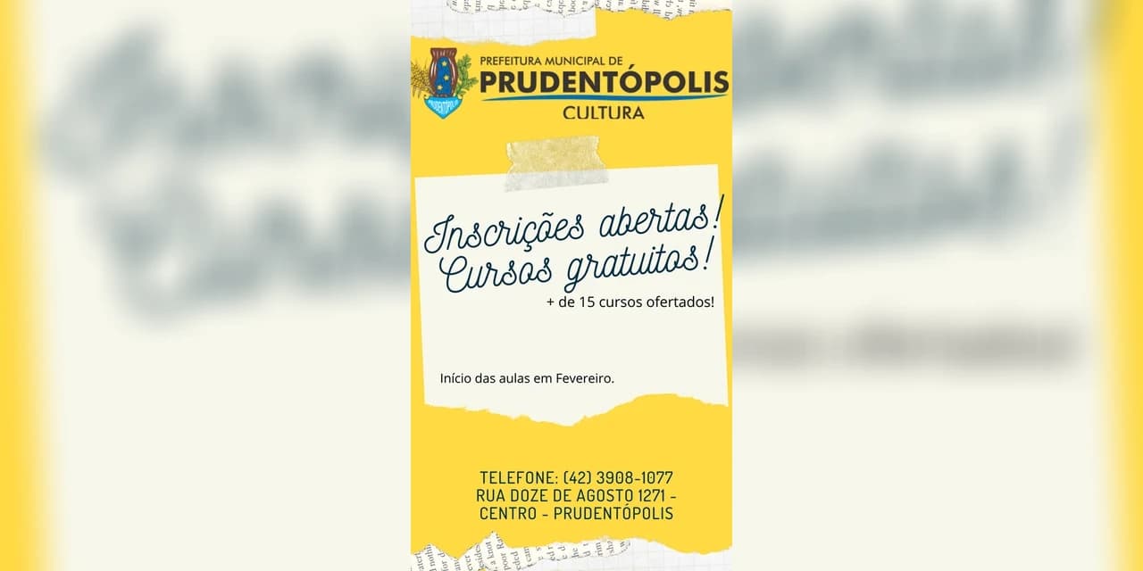 Secretaria da Cultura de Prudentópolis abre inscrições para 15 cursos gratuitos