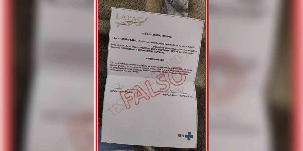 É FALSO! Circula nas redes sociais teste positivo para o Covid-19, em Prudentópolis