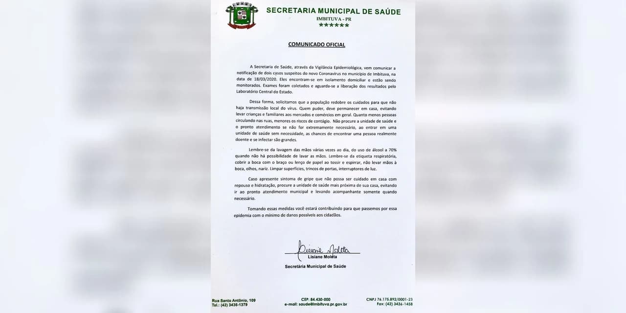 Prefeitura de Imbituva comunica 2 casos suspeitos de Coronavírus
