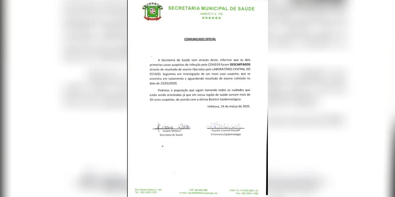 Coronavirus: Suspeitas de Imbituva foram descartadas