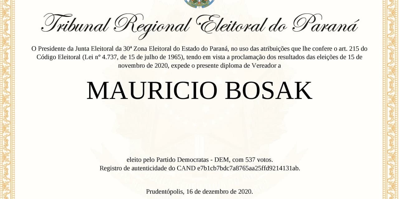 Mauricio Bosak recebe diploma da Justiça Eleitoral e está apto a tomar posse no cargo