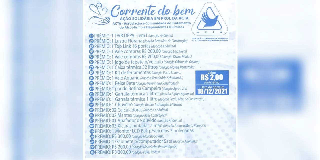 Confira os ganhadores da Ação Solidária em prol da ACTA em Prudentópolis