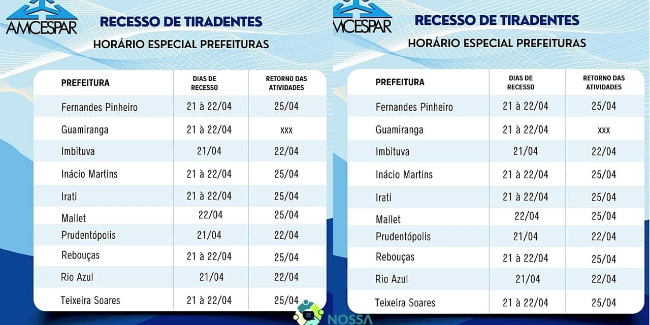 Prefeituras divulgam horário especial de funcionamento na Páscoa e Tiradentes
