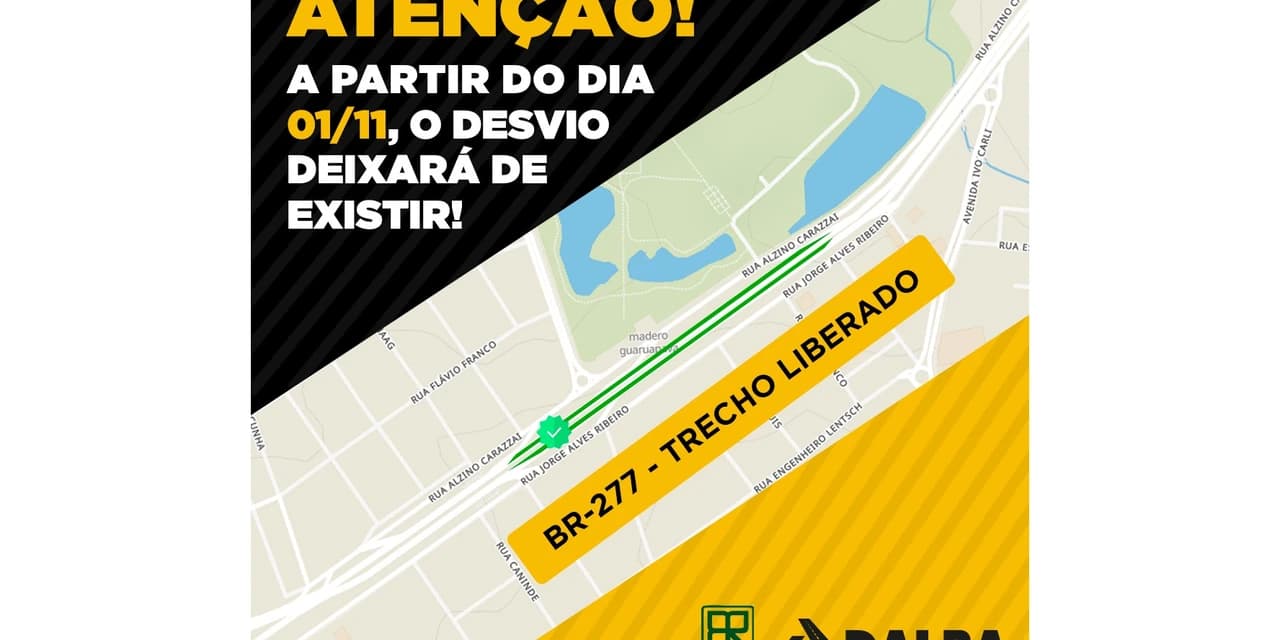 DER-PR comunica fim do desvio em trecho da BR-277, em Guarapuava, nesta terça