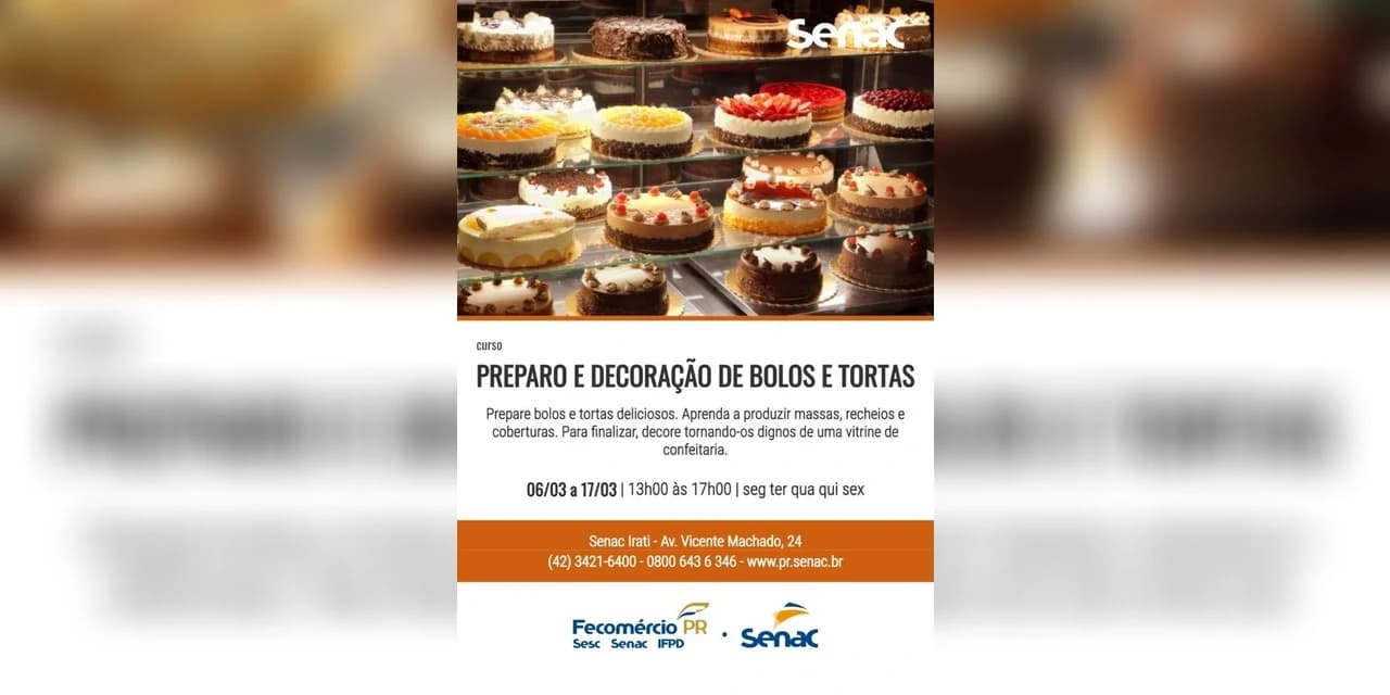 Irati está com inscrições abertas para curso de Preparo e Decoração de Bolos e Tortas