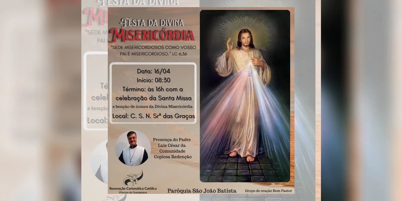 Festa da Divina Misericórdia é neste domingo (16), no Centro Social Nossa Senhora das Graças