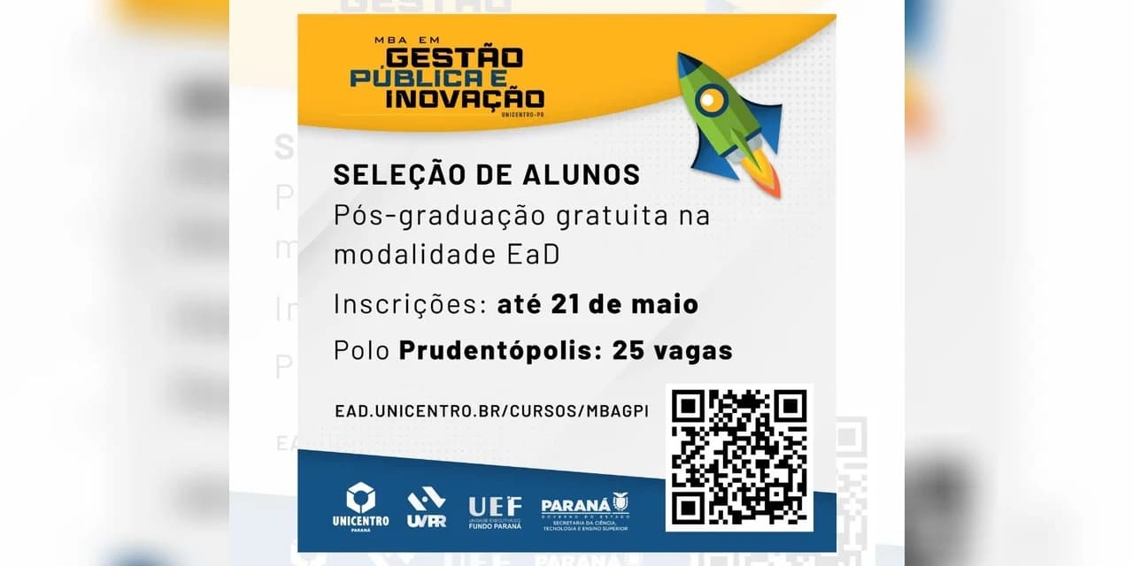 Inscrições para MBA em Gestão Pública e Inovação da Unicentro terminam domingo (21); Prudentópolis tem 25 vagas