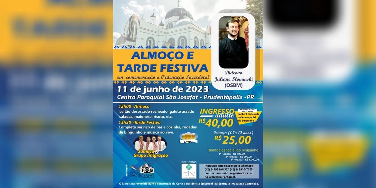 Almoço e tarde festiva em comemoração a ordenação sacerdotal de Juliano Slominski é neste domingo (11)