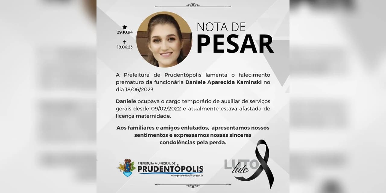 Prefeitura de Prudentópolis emite nota de pesar pelo falecimento de Daniele Aparecida Kaminski