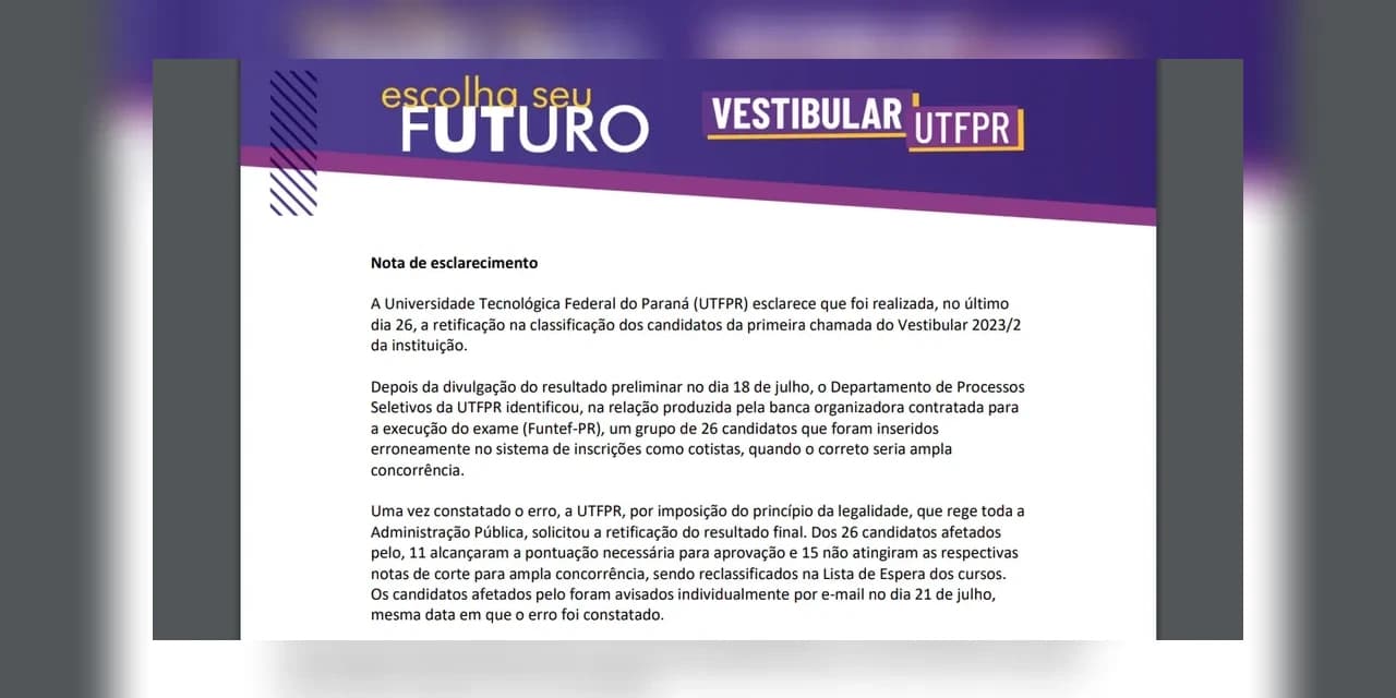 Erro no resultado do vestibular da UTFPR exclui 15 candidatos da lista de aprovados