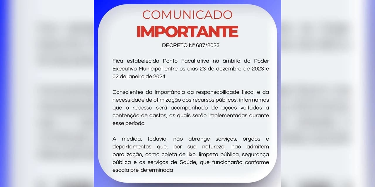 Prefeitura de Prudentópolis decreta ponto facultativo do período do dia 23 ao dia 2 de Janeiro.