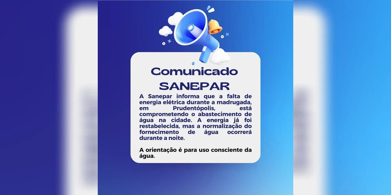 A Sanepar informa que a falta de energia elétrica durante a madrugada, em Prudentópolis, está comprometendo o abastecimento de água na cidade.
