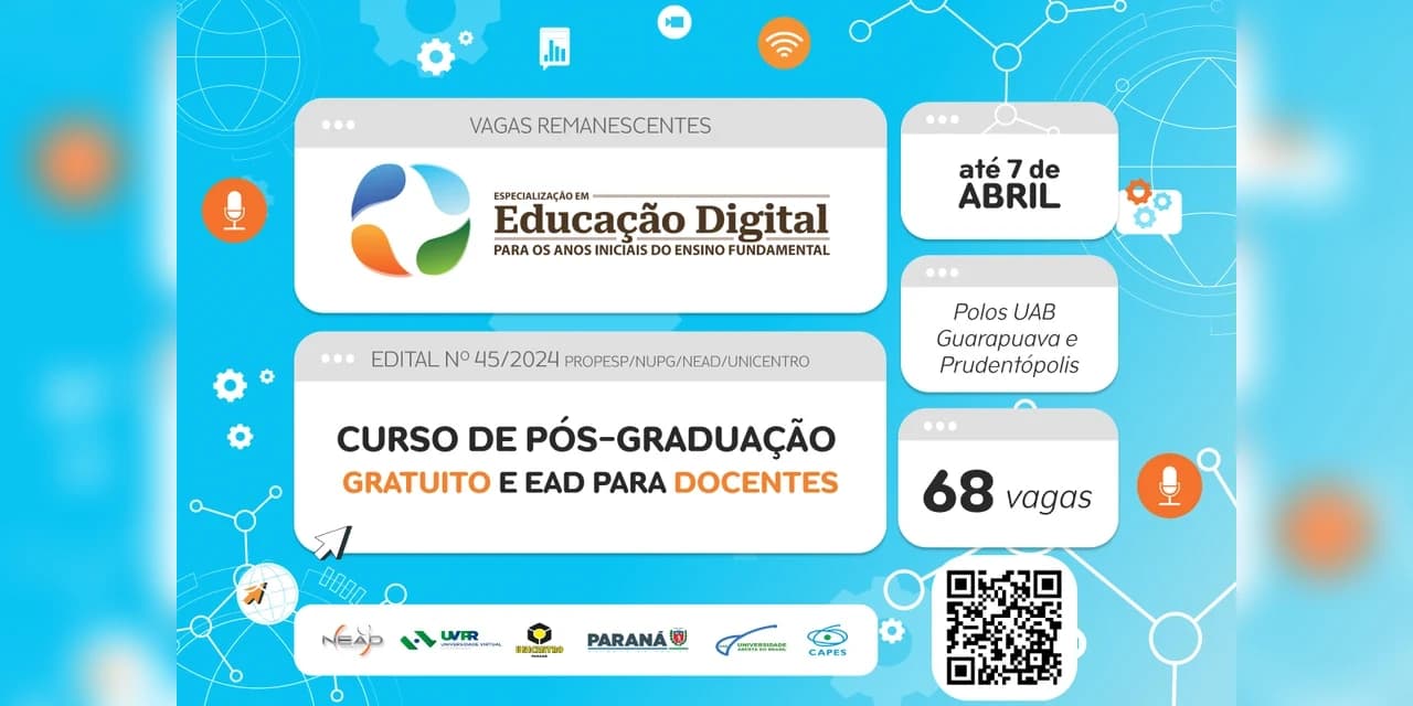 Unicentro tem 68 vagas gratuitas em especialização EaD sobre educação digital