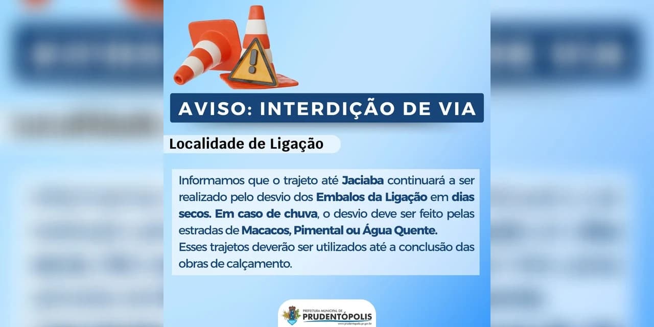 Prefeitura de Prudentópolis informa interdição de trajeto até Jaciaba.