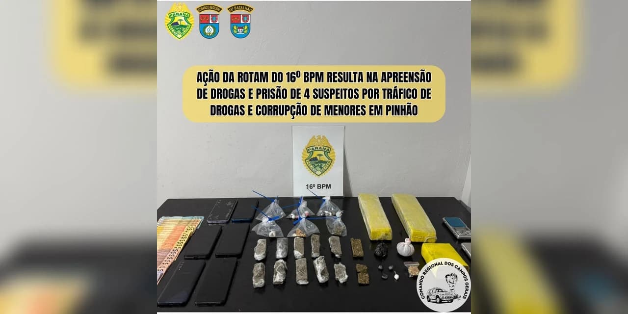 Ação da Rotam do 16º Bpm resulta na apreensão de drogas e prisão de 4 suspeitos por tráfico de drogas e corrupção de menores em Pinhão