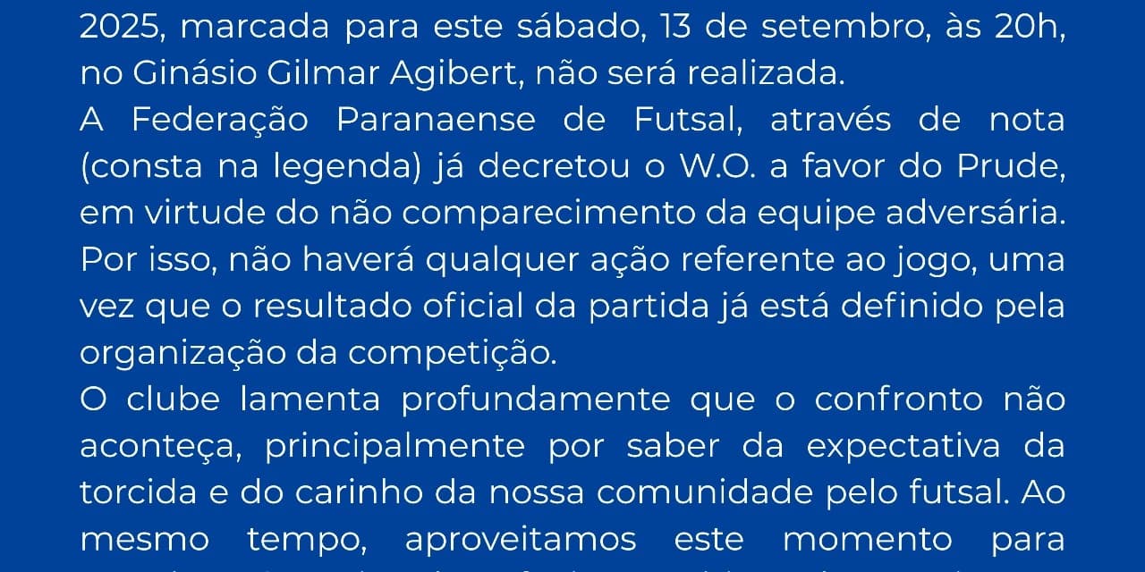 Prudentópolis Futsal comunica que a partida contra Cafeeira não será realizada