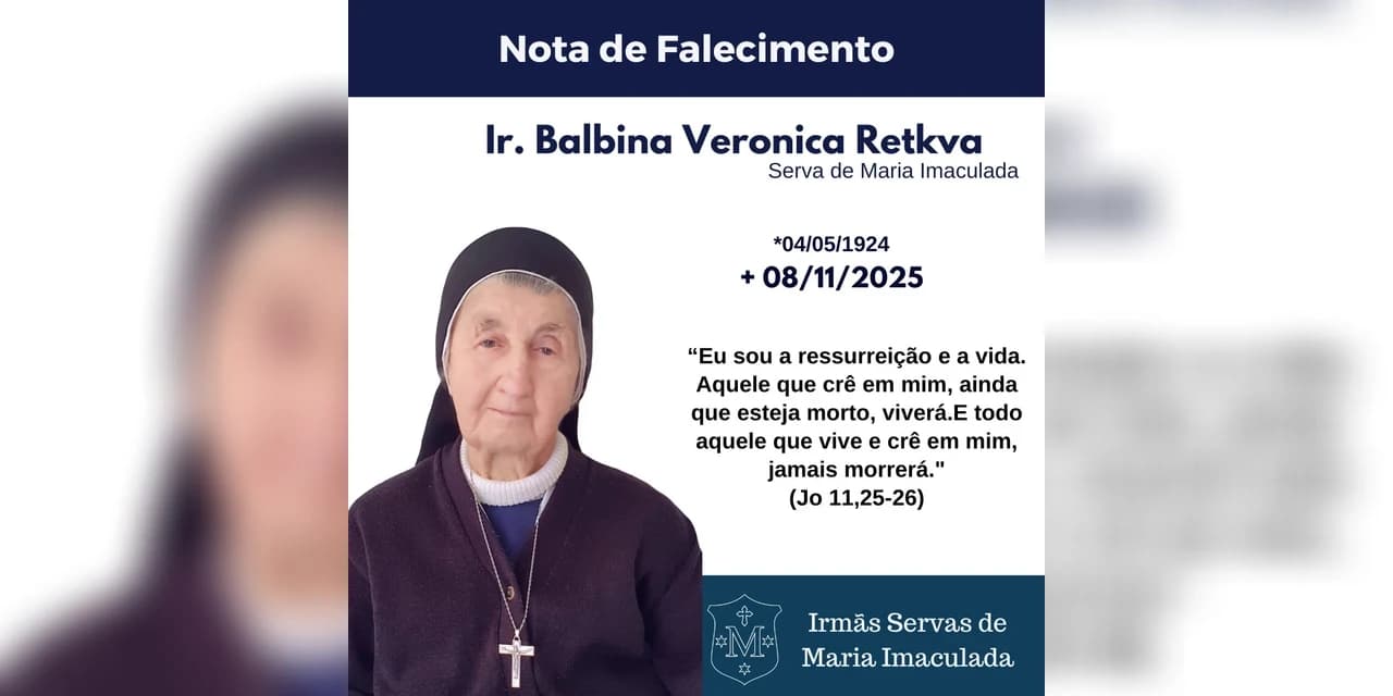 É com pesar que comunicamos o falecimento da Ir. Balbina Veronica Retkva, aos 101 anos e 79 anos de vida consagrada.