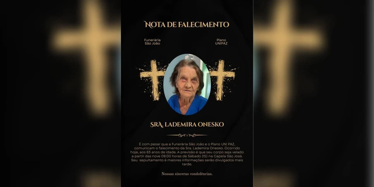 É com pesar que a Funerária São João e o Plano UNI PAZ, comunicam o falecimento da Sra. Lademira Onesko.