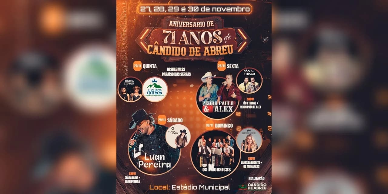 Cândido de Abreu celebra 71 anos com uma programação especial repleta de shows, atrações culturais e atividades para toda a família.