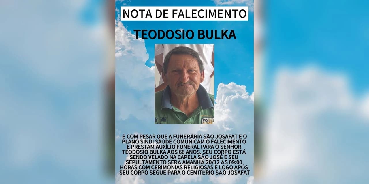 É com pesar que a funerária São Josafat comunica o falecimento do Sr. Teodosio Bulka aos 66 anos