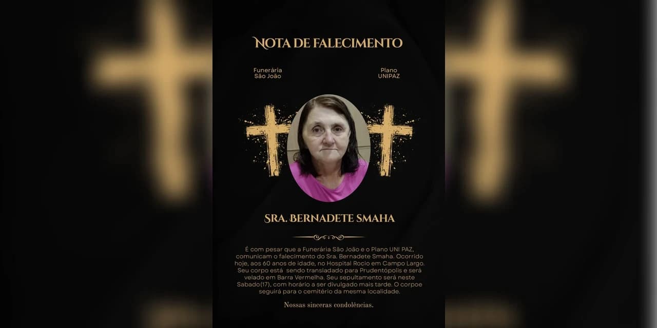 É com pesar que a Funerária São João e o Plano UNI PAZ, comunicam o falecimento do Sra. Bernadete Smaha