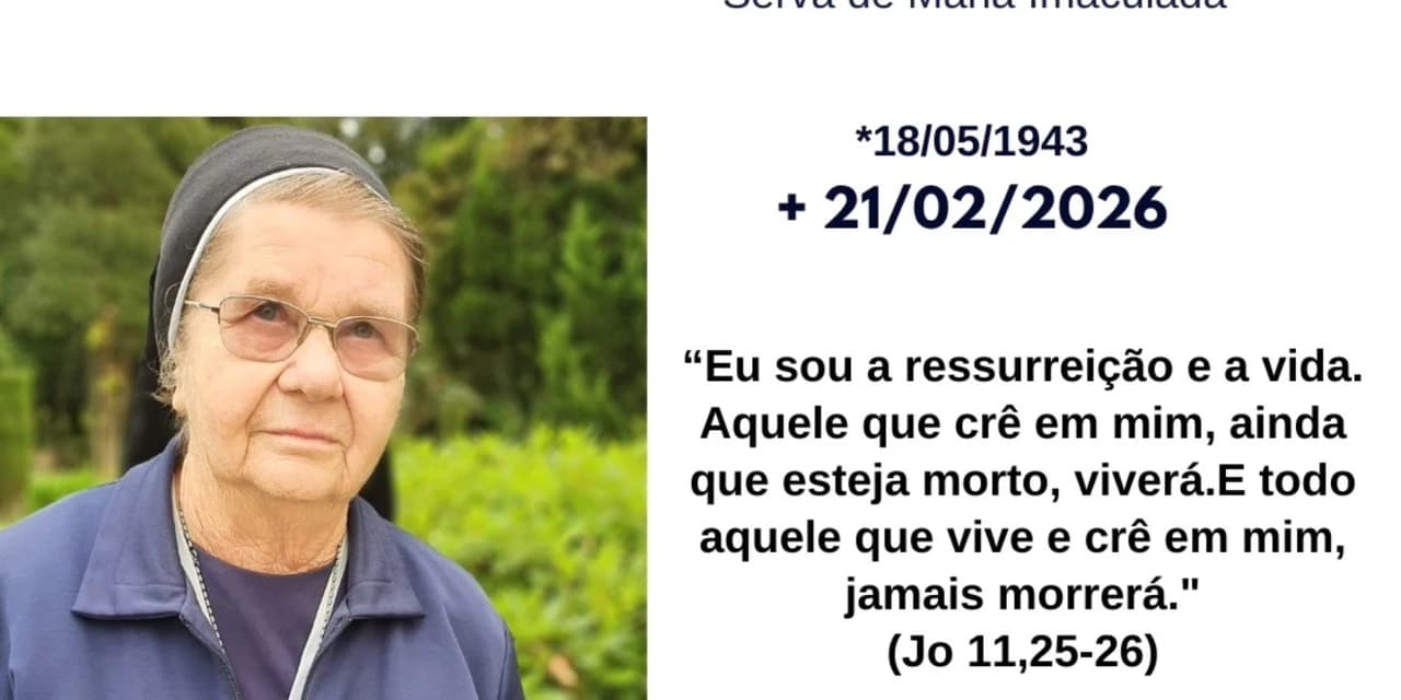 É com pesar que as Irmãs Servas de Maria Imaculada, comunicam o falecimento da irmã Nadia Gavanski, aso 82 anos