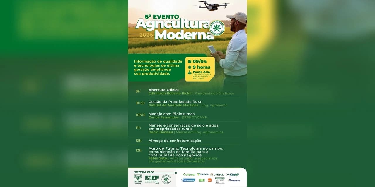 6º Evento de Agricultura Moderna será realizado na comunidade de Ponte Alta
