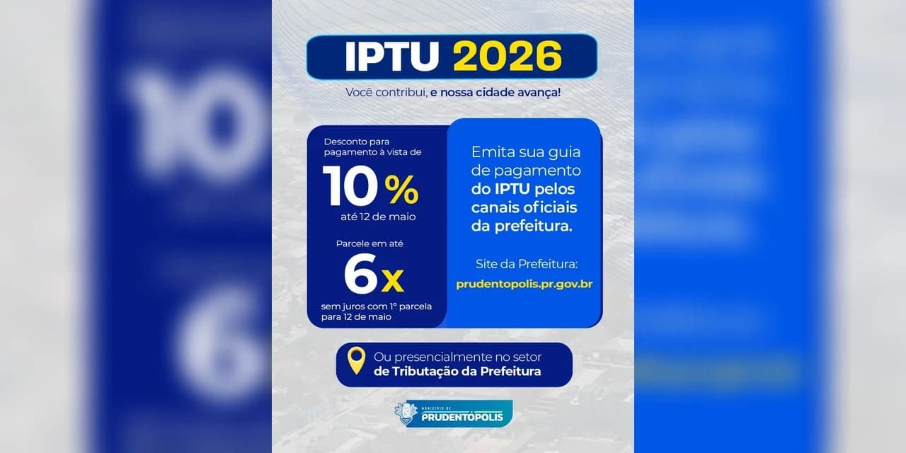 Em Prudentópolis IPTU 2026 já está disponível para pagamento