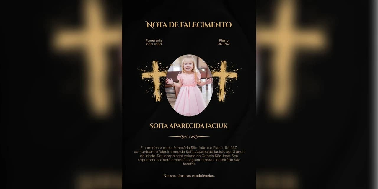 É com pesar que a funerária São João comunica o falecimento de Sofia Aparecida Iaciuk aos 3 anos