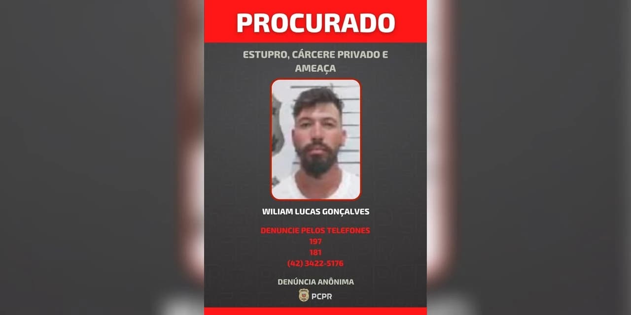 PCPR divulga foto de homem foragido por estupro, cárcere privado e ameaça em Irati