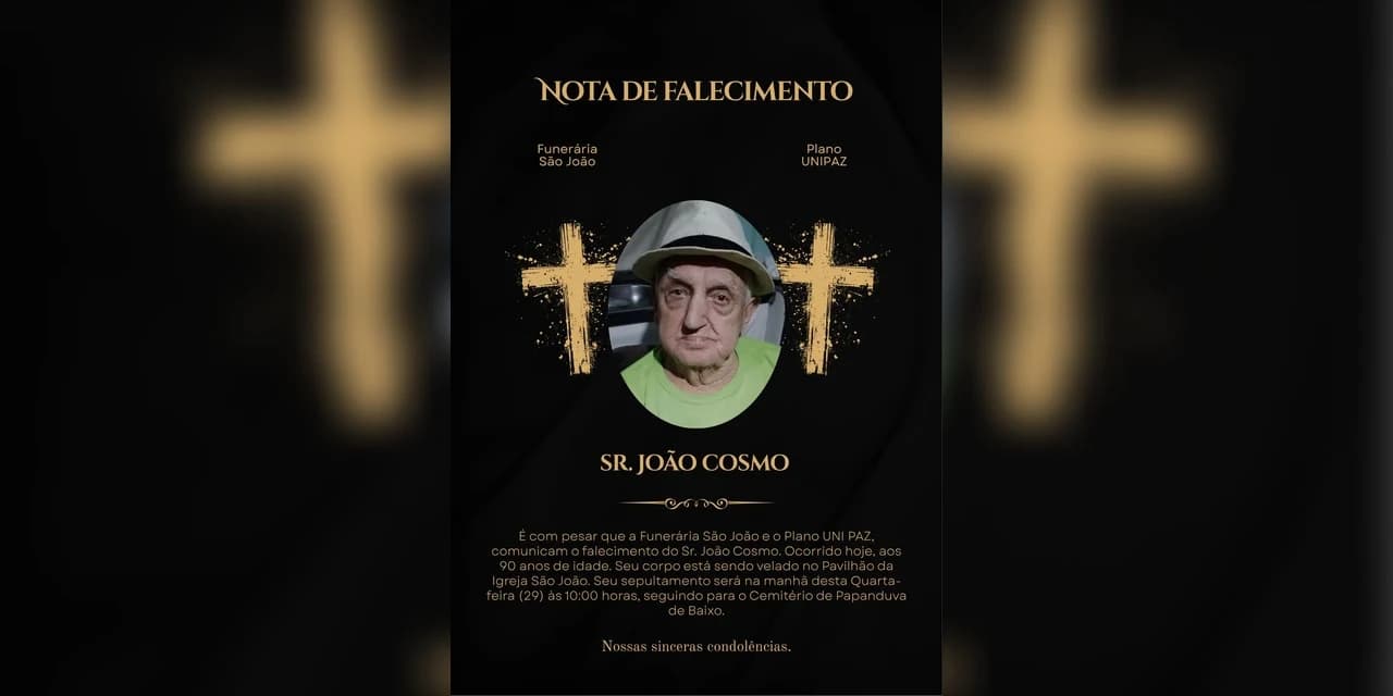 É com pesar que a Funerária São João e o Plano UNI PAZ, comunicam o falecimento do Sr. João Cosmo