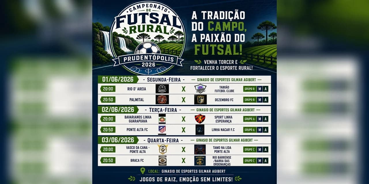 Campeonato de Futsal Rural 2026 começa na próxima semana em Prudentópolis