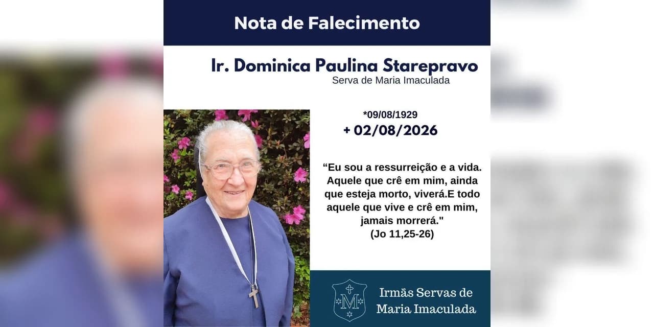 é com pesar que comunicamos o falecimento da Irmã Dominica Paulina Starepravo, SMI, aos 97 anos de idade e 78 anos de Vida Consagrada