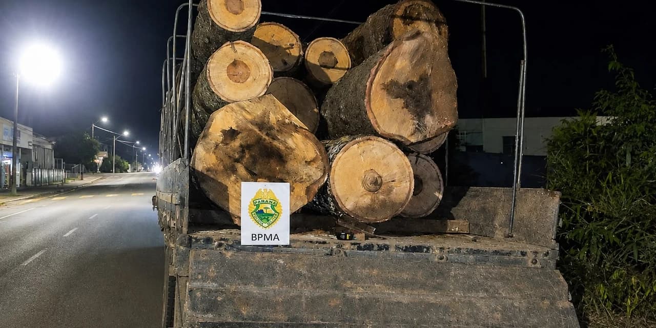 Polícia Militar Ambiental realiza apreensão de carga ilegal de Pinheiro-Araucária em São Mateus do Sul.