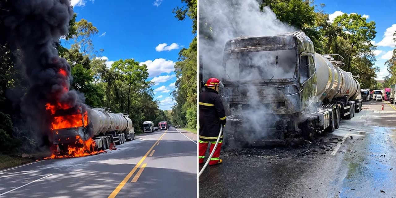 Brigadistas voluntários evitam tragédia após incêndio atingir bitrem com 60 mil litros de diesel na Br-476, em Paulo Frontin